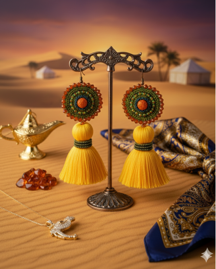 Háčkované  dizajnové náušnice "Púštne safari Dubaj"